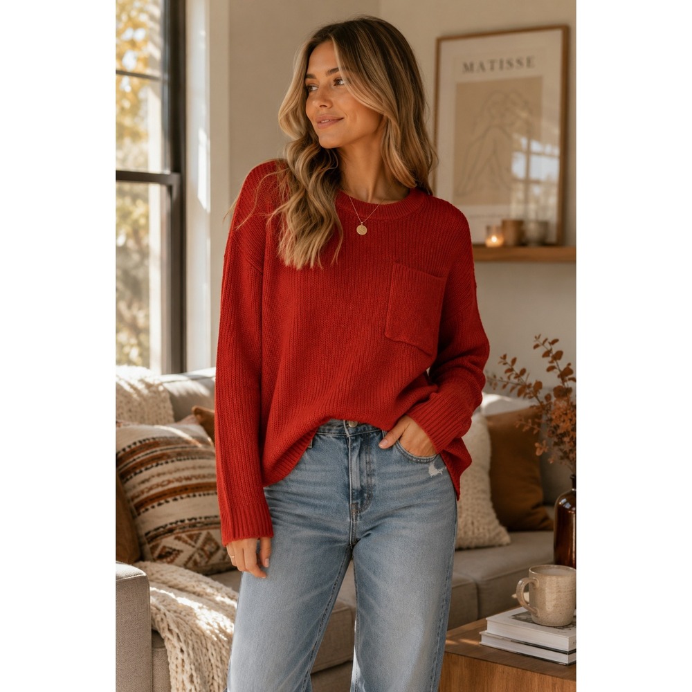 Madewell Sweater Womens XS Red Ribbed Knit Cotton Blend Pocket Preppy
